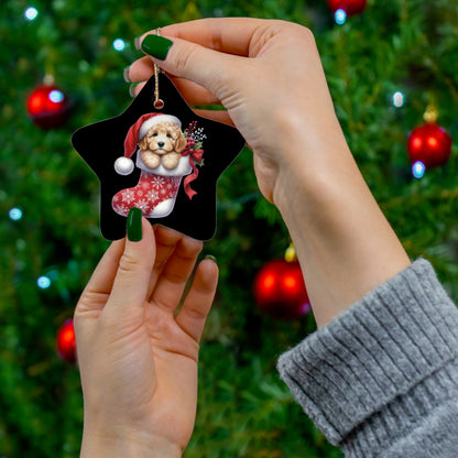 Christmas Doodle Puppy Stocking Ceramic Ornament, 3 Shapes