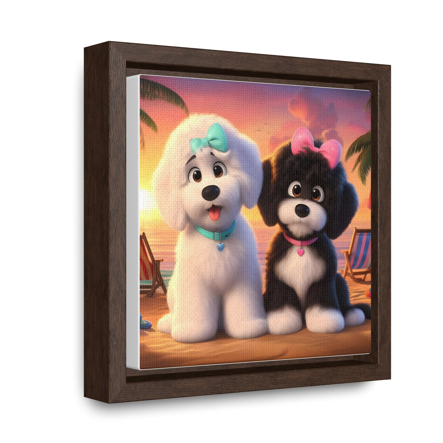 Doodle Puppies on Beach, Cartoon Inspired - Wooden Gallery Canvas Picture - Square Frame - Nice!