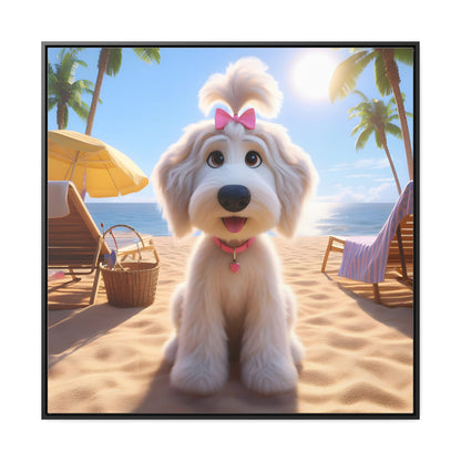 White Doodle Puppy Cartoon Inspired w/Pink Bow - Wooden Gallery Canvas - Square Frame - Nice!