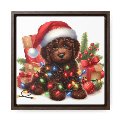 Christmas Lights Chocolate Doodle Puppy - Wooden Gallery Canvas Square Frame - Nice!