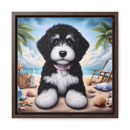 Black & White Doodle Puppy on Beach - Wooden Gallery Canvas Picture - Square Frame - Nice!