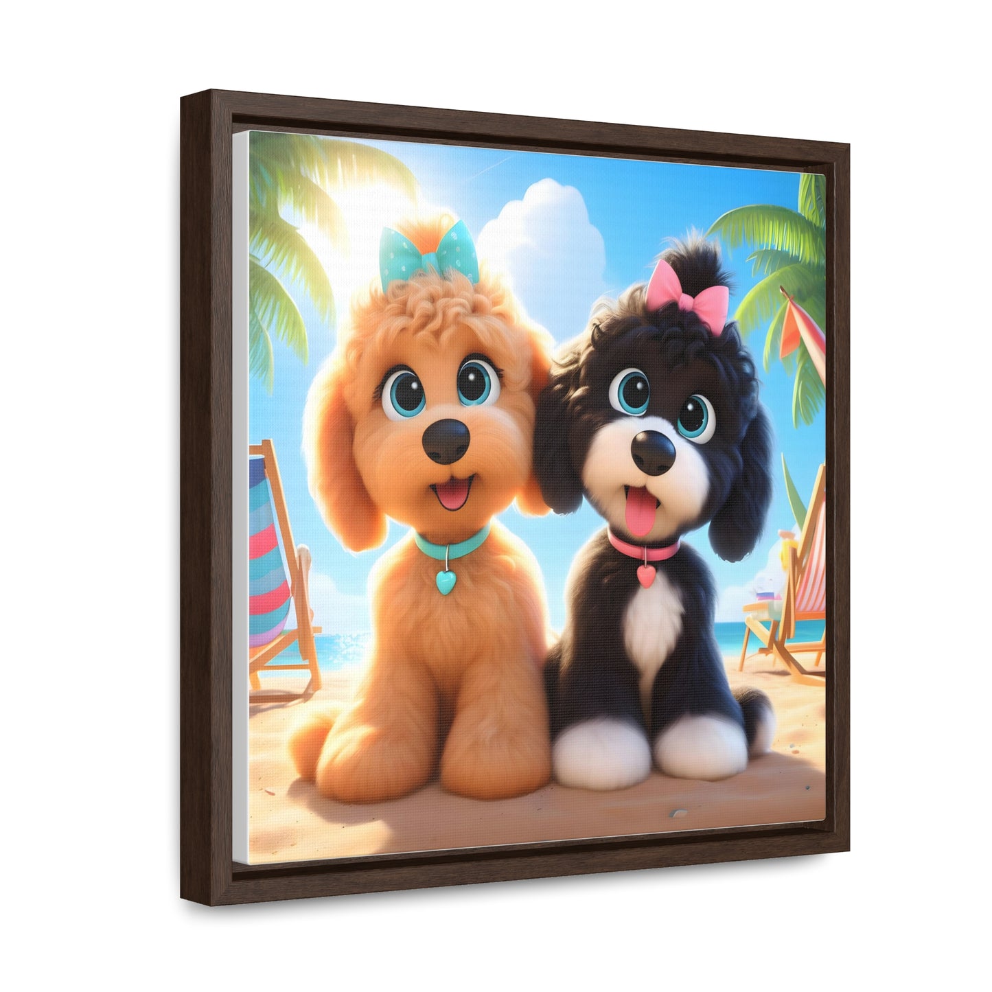 Doodle Puppies on Beach, Cartoon Inspired - Wooden Gallery Canvas Pictures - Square Frame - Nice!