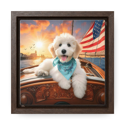 White Doodle on Sailboat at Sunset - Wooden Gallery Canvas Picture - Square Frame - Nice!