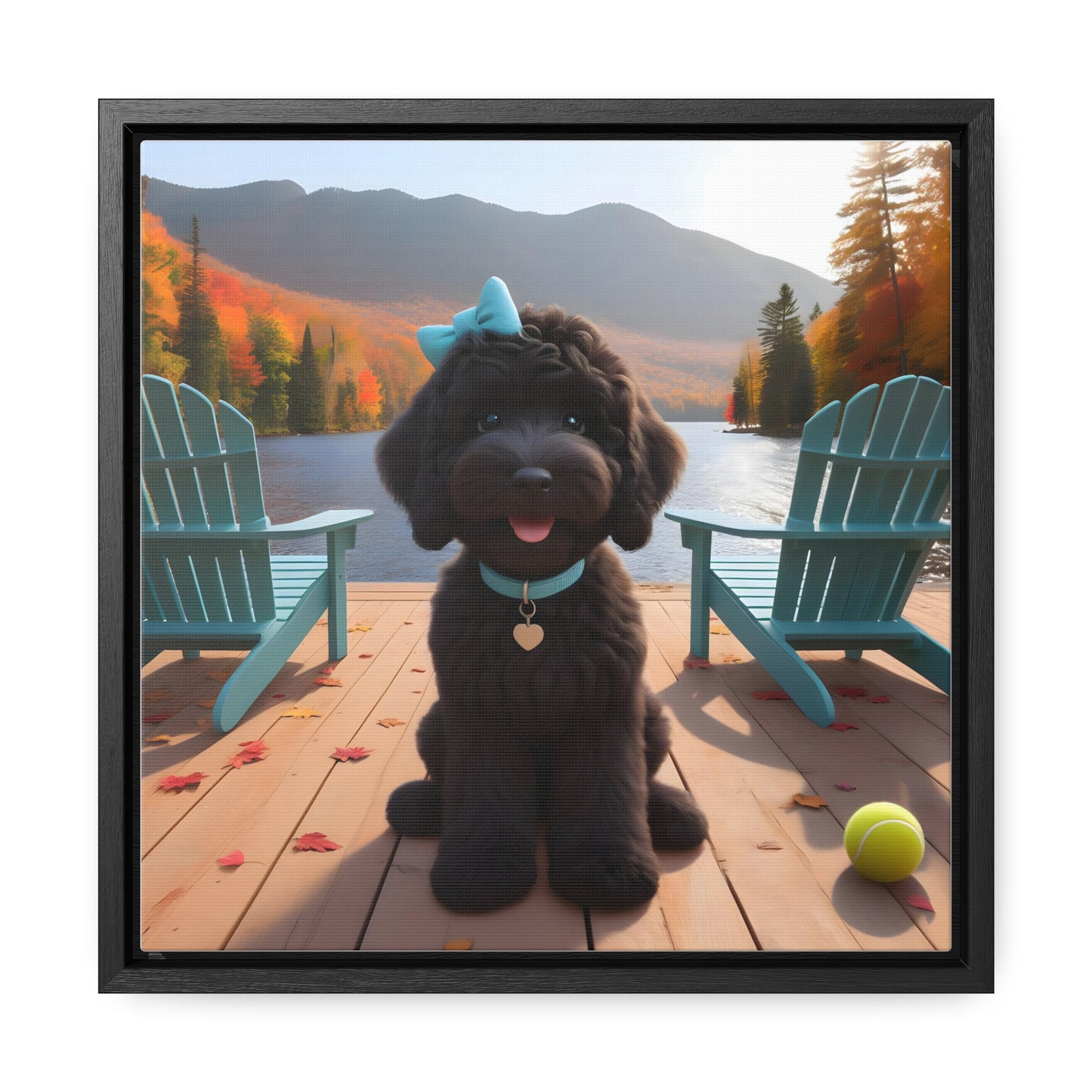 Black Doodle on Dock by Lake - Wooden Gallery Canvas Picture - Square Frame - Nice!