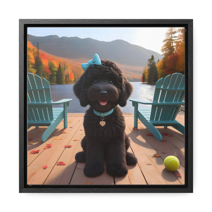 Black Doodle on Dock by Lake - Wooden Gallery Canvas Picture - Square Frame - Nice!