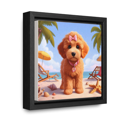 Doodle Puppy on Beach Pink Collar and Bow - Wooden Gallery Canvas Picture - Square Frame - Nice!