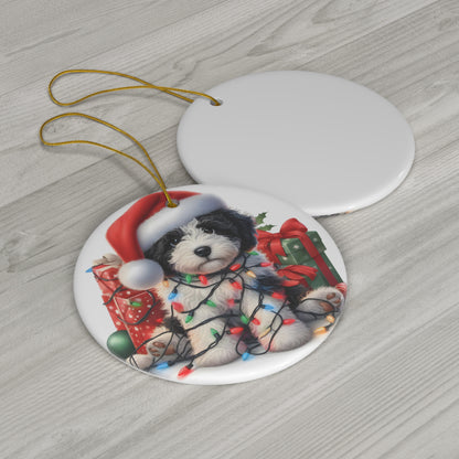 Black & White Doodle Christmas Puppy Ceramic Ornament