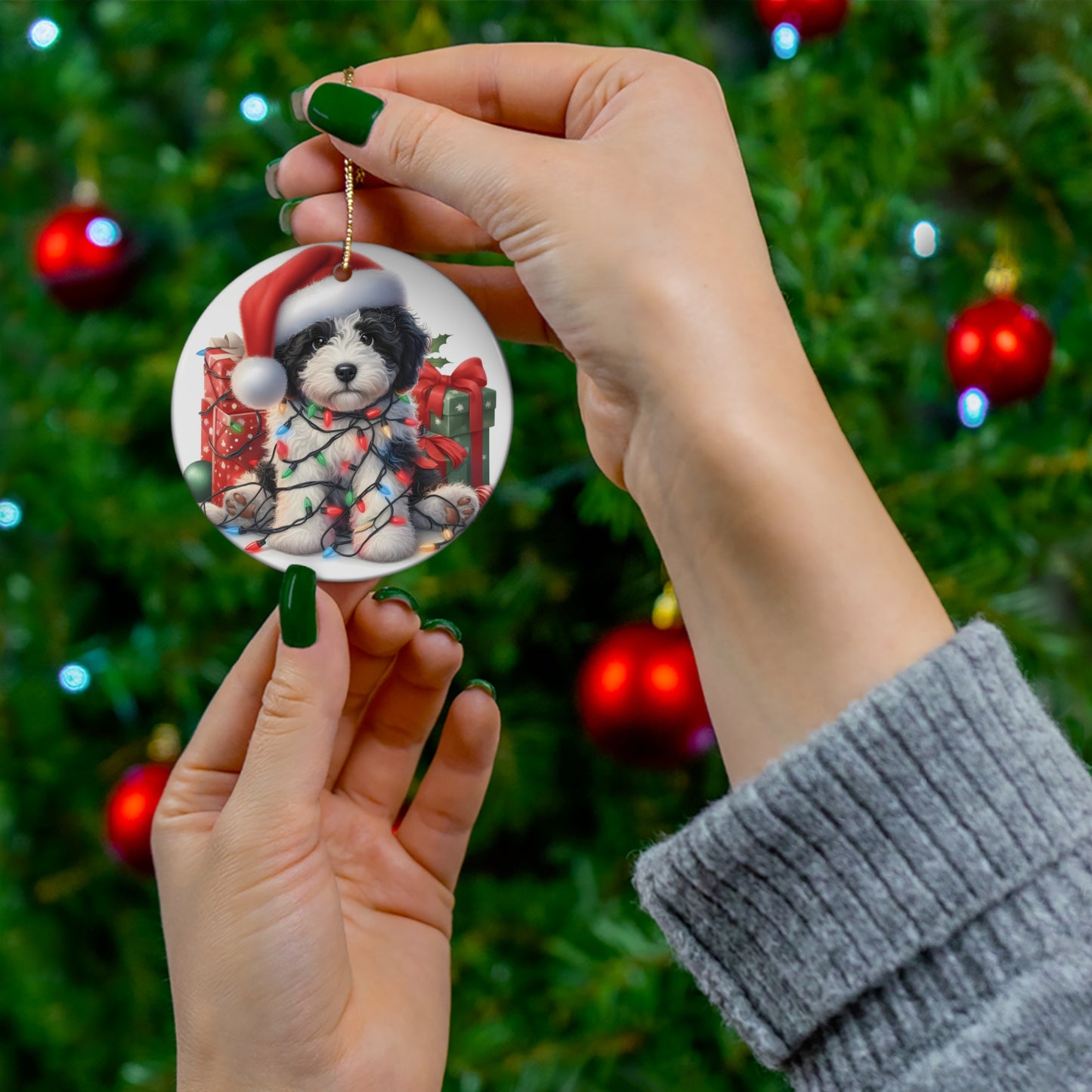 Black & White Doodle Christmas Puppy Ceramic Ornament