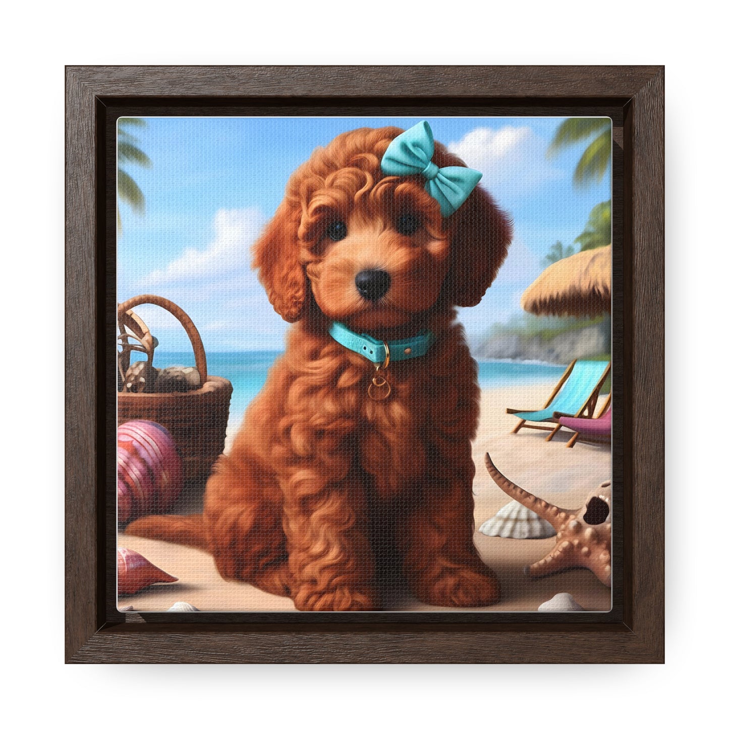 Red Doodle Puppy on Beach - Wooden Gallery Canvas Picture - Square Frame - Nice!