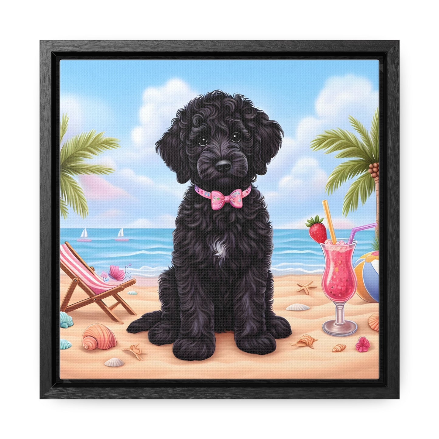 Black Doodle Puppy Cartoon Inspired - Wooden Gallery Canvas Picture - Square Frame - Nice!