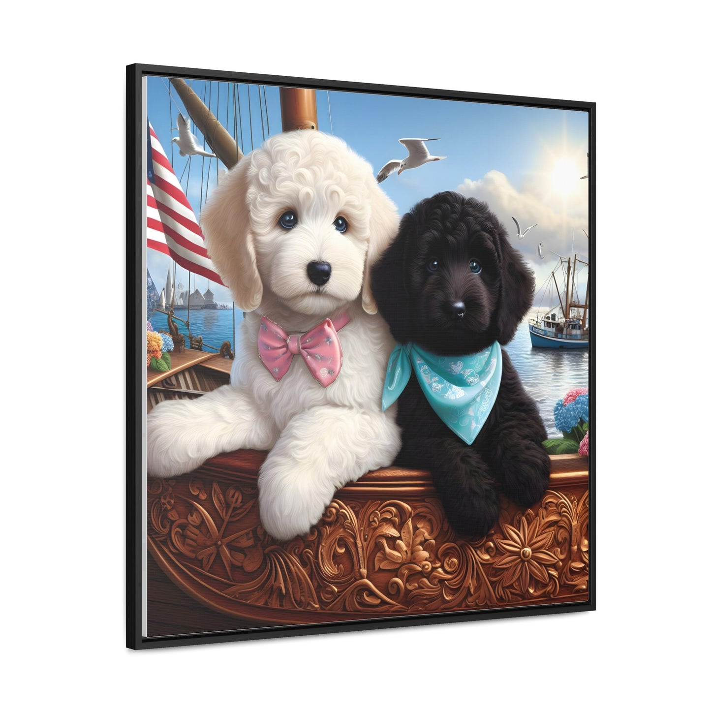 White and Black Doodle on Sailboat - Wooden Gallery Canvas Pictures - Square Frame - Nice!