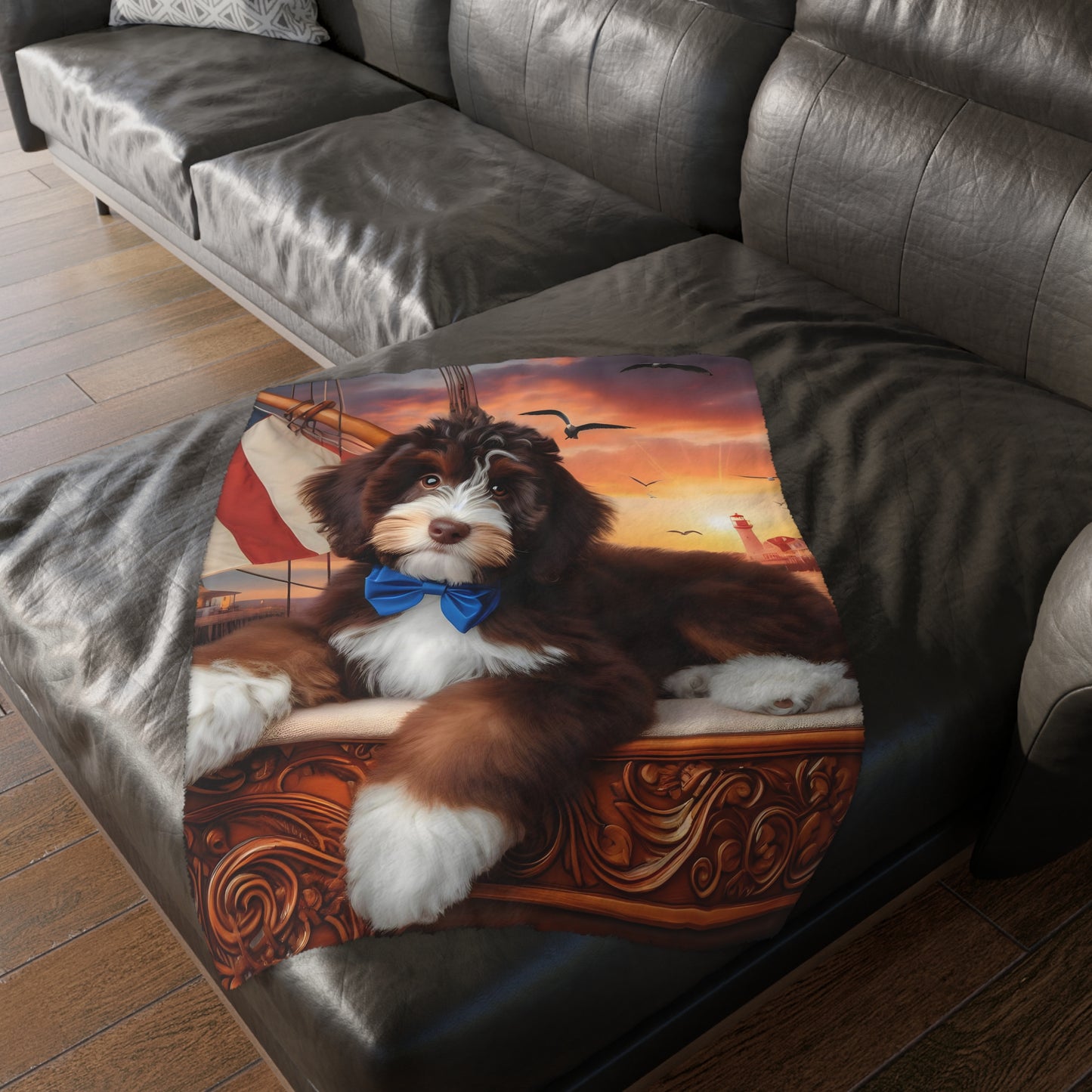 Bernedoodle on Sailboat - Velveteen MINKY Blanket (Two sided Print) - Nice!