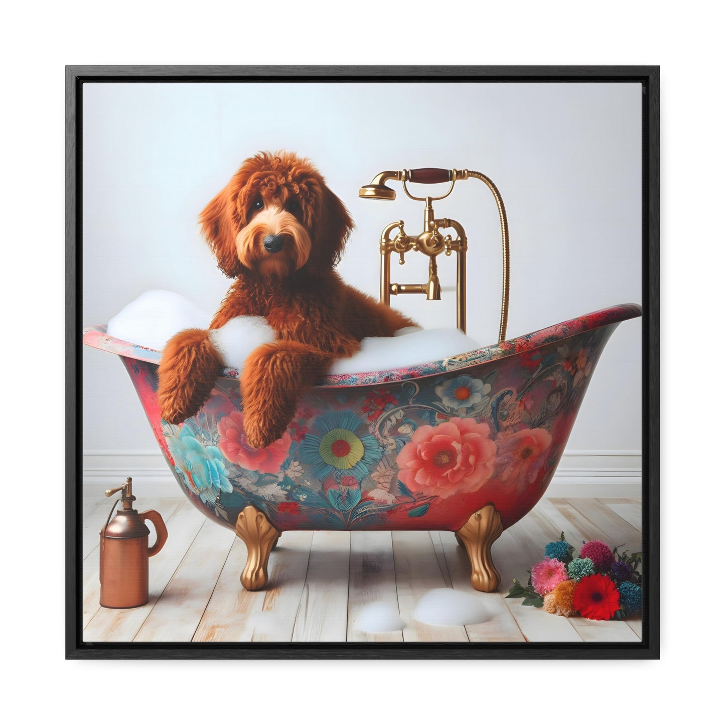 Red Doodle Antique Tub Gallery Canvas Picture - Wooden Square Frame - Nice!