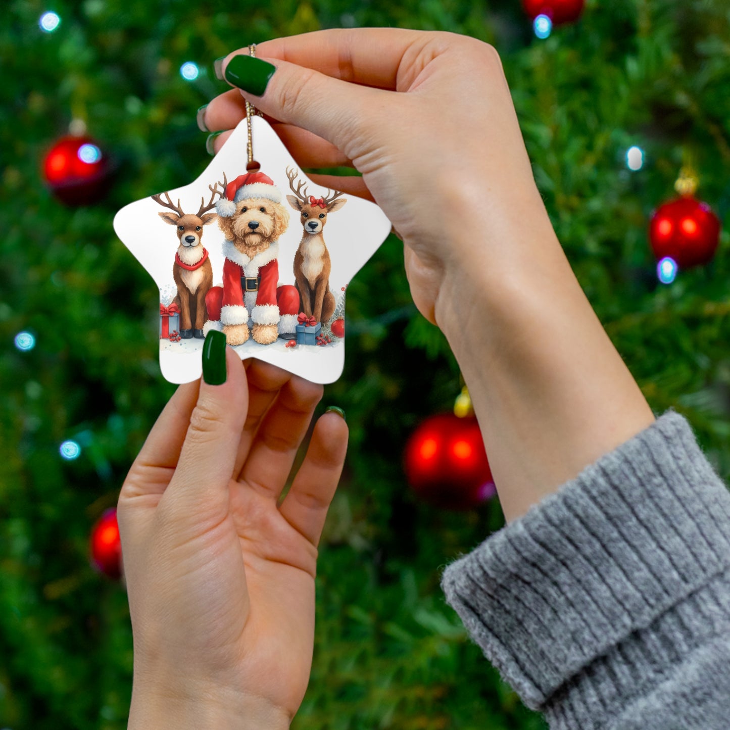 Christmas Santa Doodle w/Reindeer Ceramic Ornament, 4 Shapes