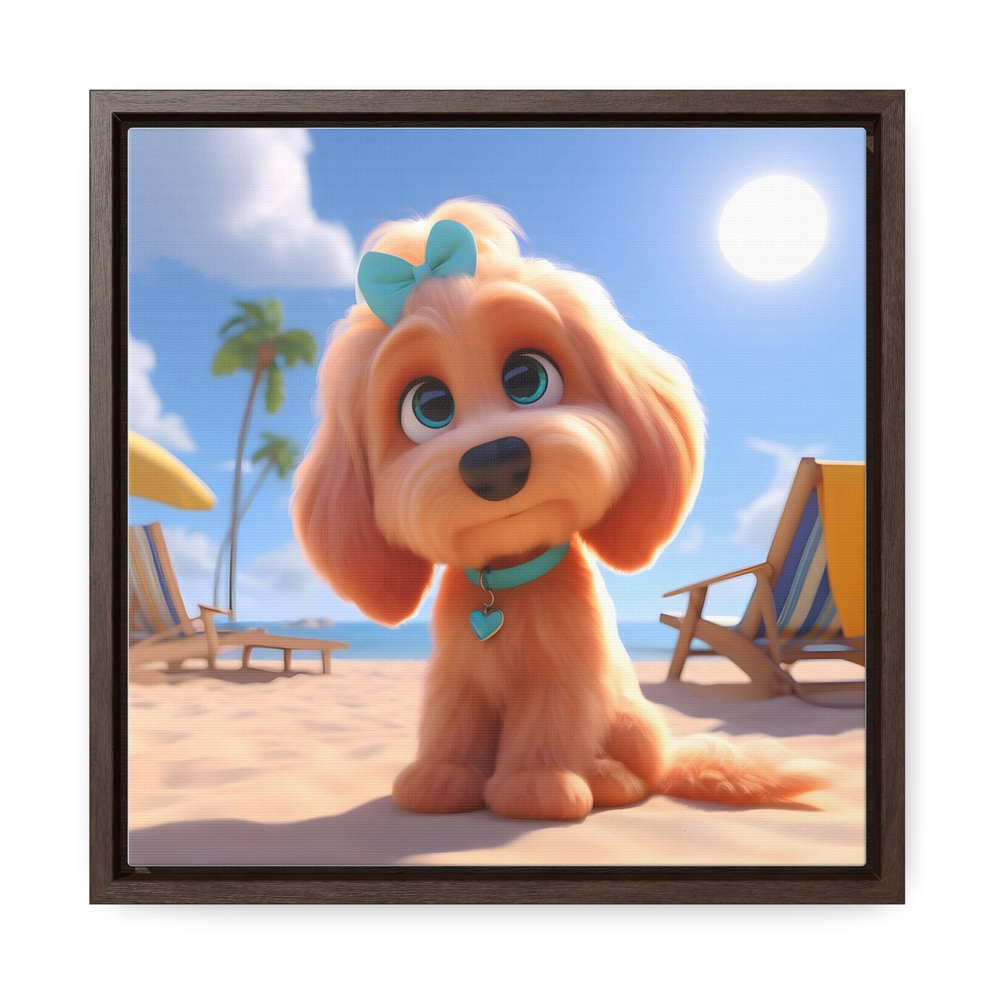 Doodle Cartoon Inspired Puppy w/Blue Collar & Bow - Wooden Gallery Canvas Picture - Square Frame - Nice!