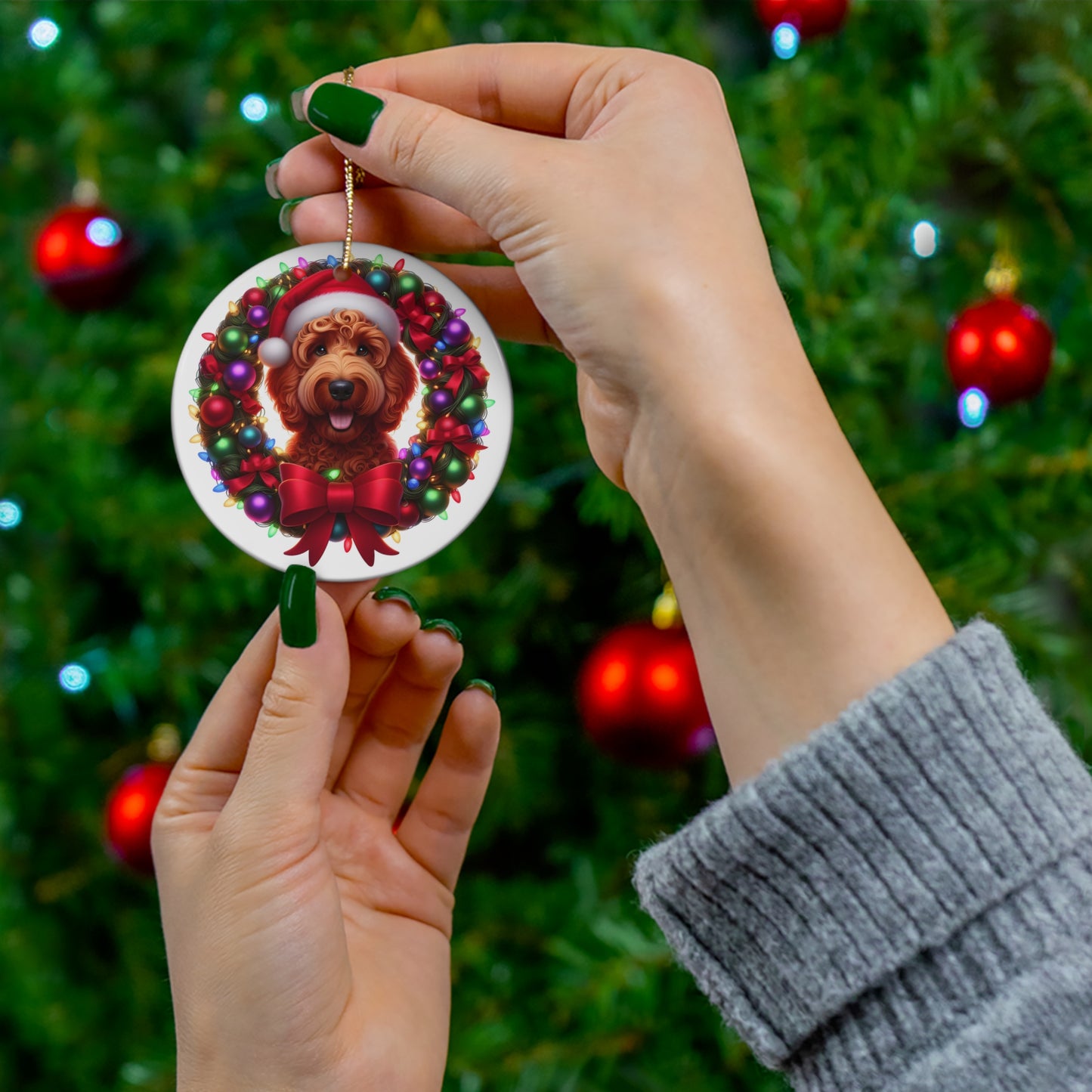 Red Doodle Christmas Wreath - Ceramic Ornament