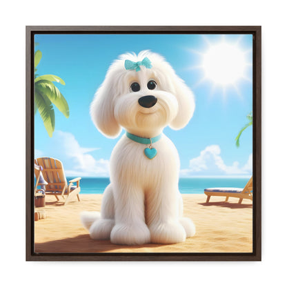 White Doodle Puppy Cartoon Inspired - Wooden Gallery Canvas - Square Frame - Nice!