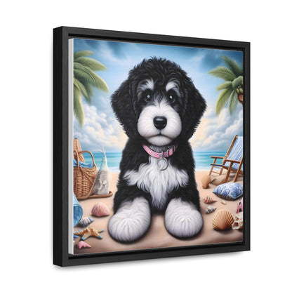 Black & White Doodle Puppy on Beach - Wooden Gallery Canvas Picture - Square Frame - Nice!