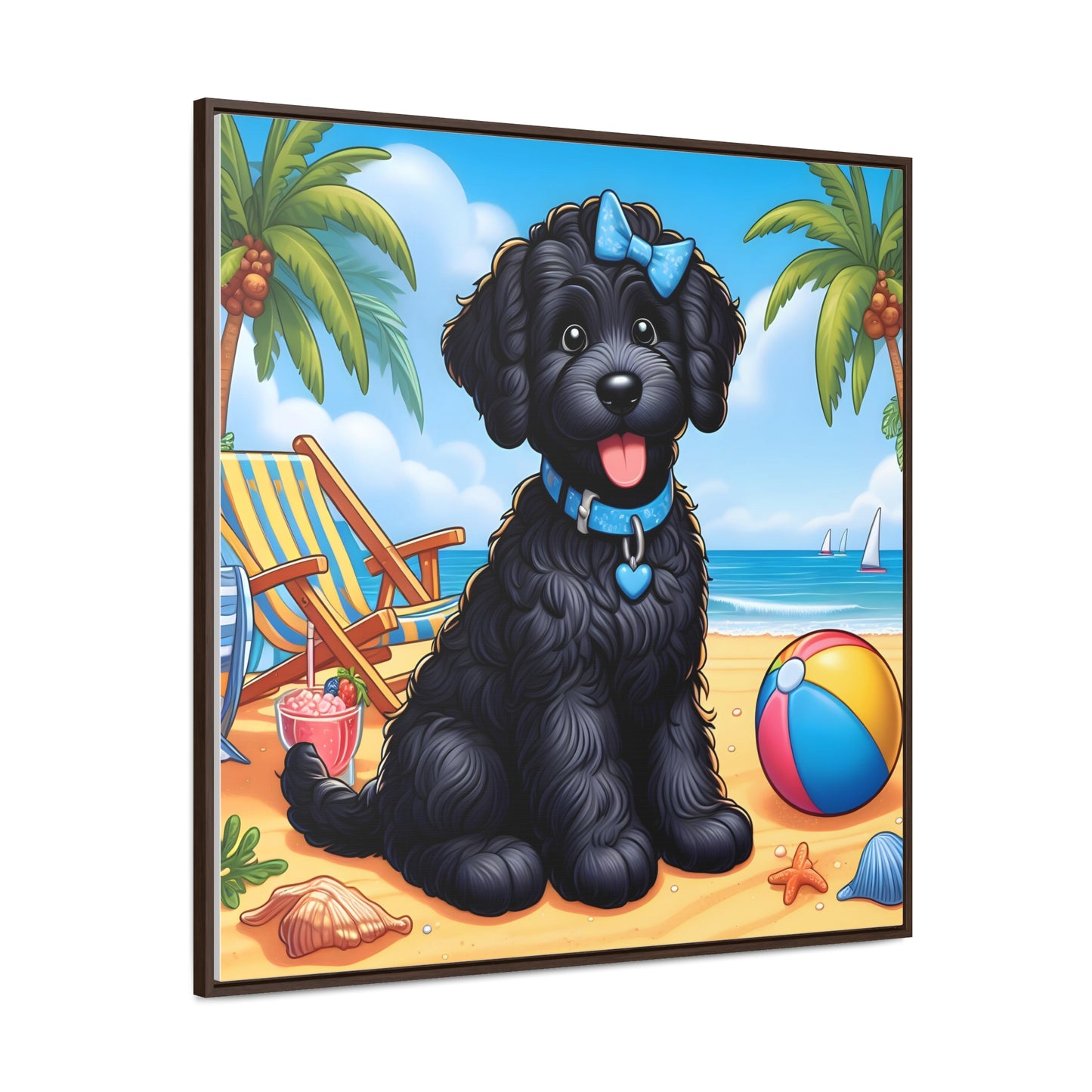 Black Doodle Puppy Cartoon Inspired - Wooden Gallery Canvas Picture - Square Frame - Nice!