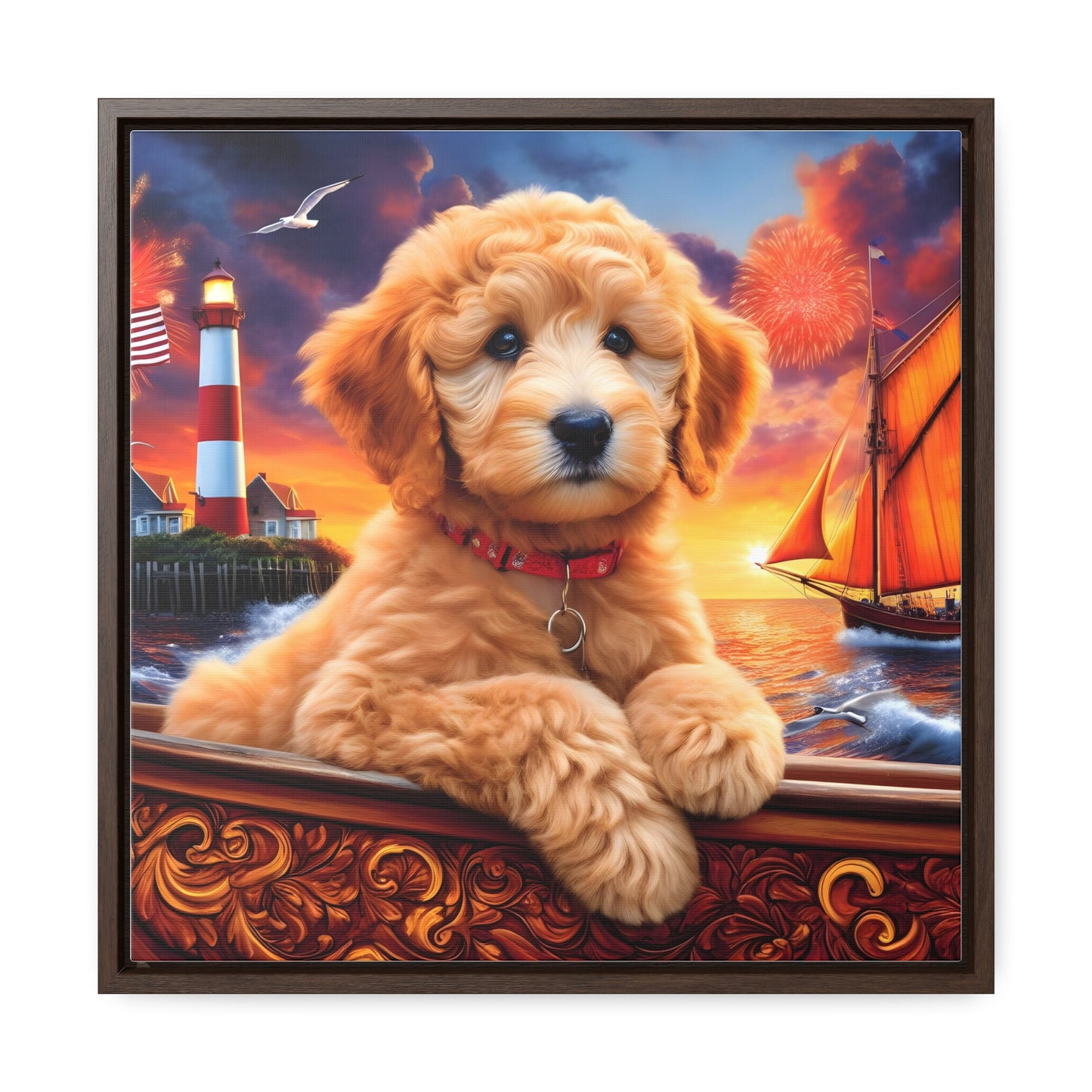 Apricot Doodle on Sailboat - Wooden Gallery Canvas Picture - Square Frame - Nice!