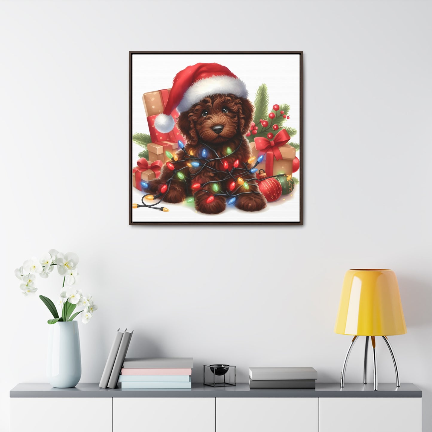 Christmas Lights Chocolate Doodle Puppy - Wooden Gallery Canvas Square Frame - Nice!