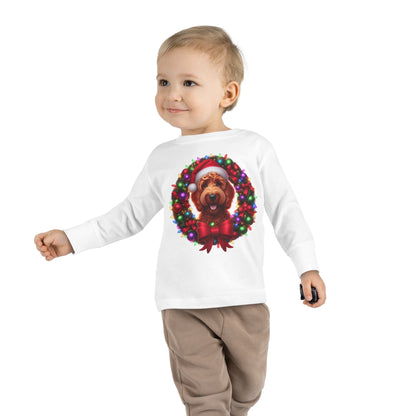 Red Doodle Christmas Wreath - Toddler Long Sleeve T Shirt