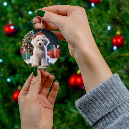 Christmas White Doodle Puppy Ceramic Ornament