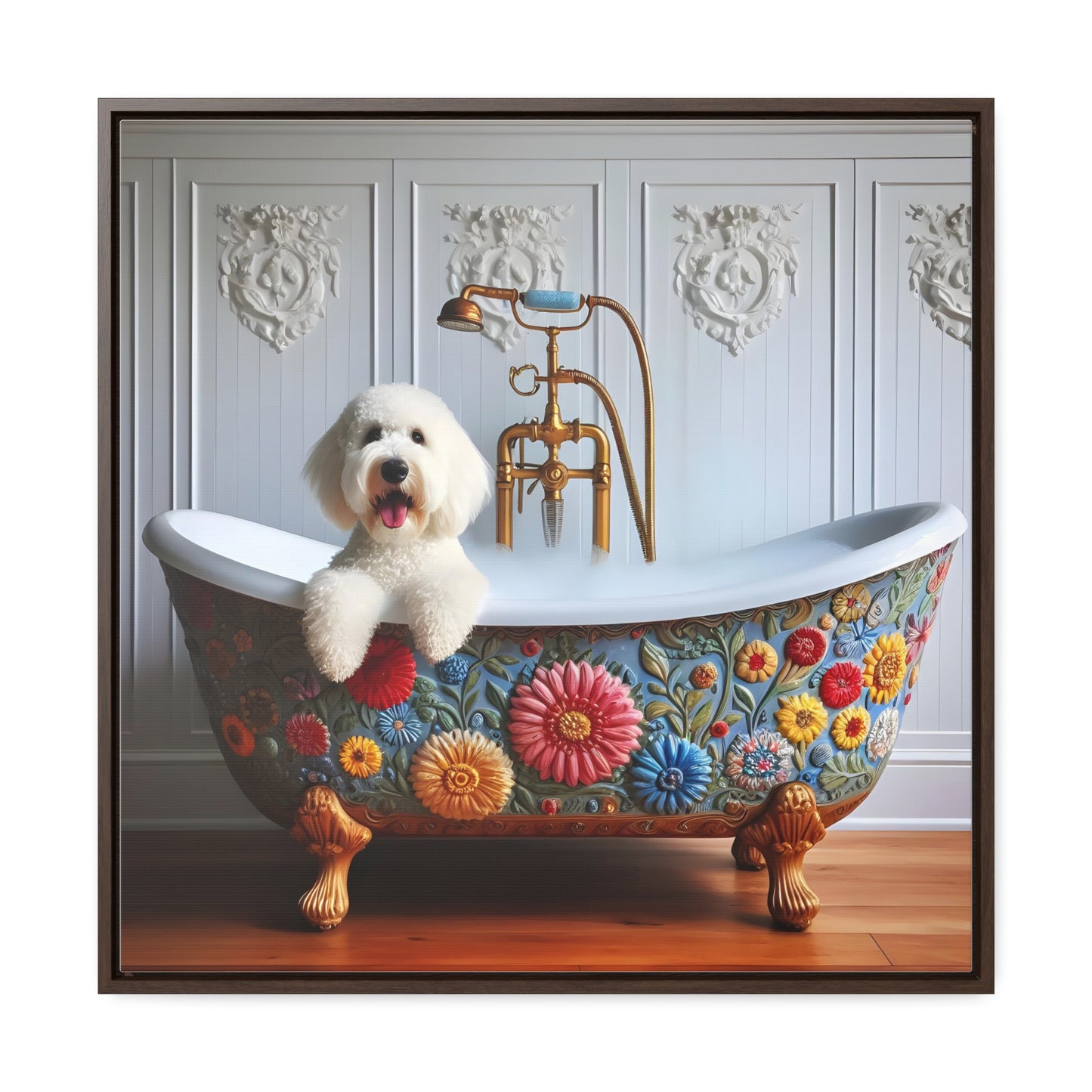 White Doodle Claw foot Tub Gallery Canvas Picture - Wooden Square Frame - Nice!