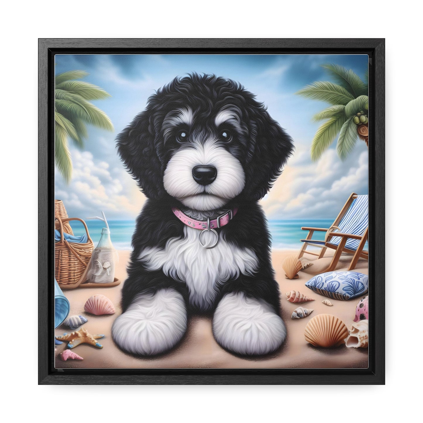 Black & White Doodle Puppy on Beach - Wooden Gallery Canvas Picture - Square Frame - Nice!