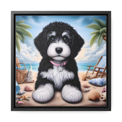 Black & White Doodle Puppy on Beach - Wooden Gallery Canvas Picture - Square Frame - Nice!