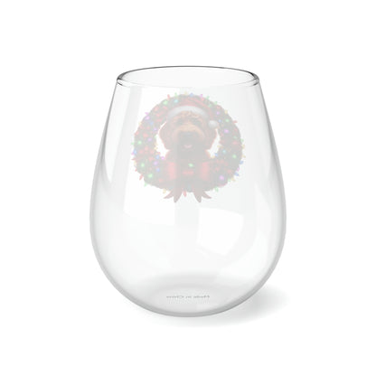 Red Doodle Christmas Wreath - Stemless Wine Glass, 11.75oz