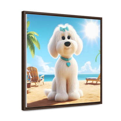 White Doodle Puppy Cartoon Inspired - Wooden Gallery Canvas - Square Frame - Nice!