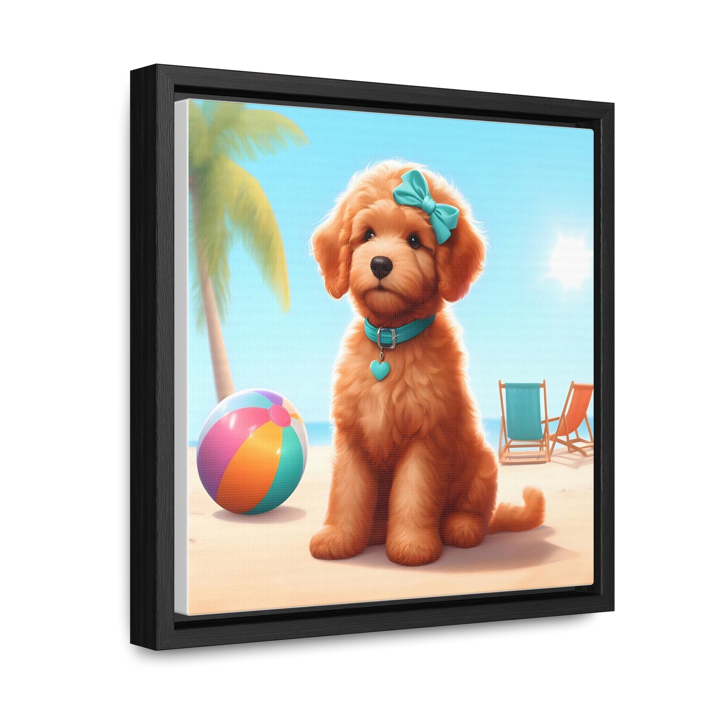 Doodle Puppy on Beach - Wooden Gallery Canvas Picture, Square Frame! Nice!