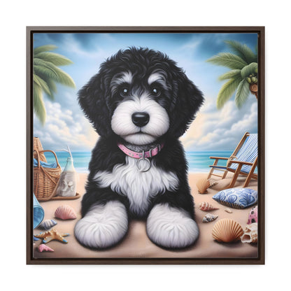 Black & White Doodle Puppy on Beach - Wooden Gallery Canvas Picture - Square Frame - Nice!