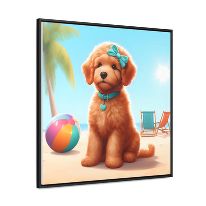 Doodle Puppy on Beach - Wooden Gallery Canvas Picture, Square Frame! Nice!