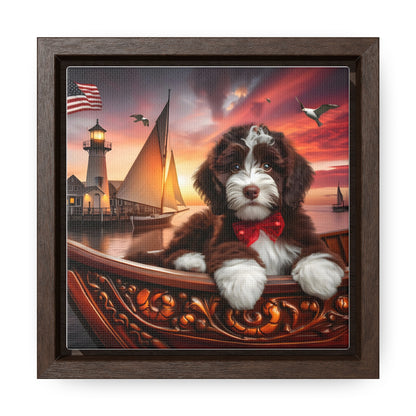 Chocolate Doodle on Sailboat at Sunset - Wooden Gallery Canvas Picture - Square Frame - Nice!