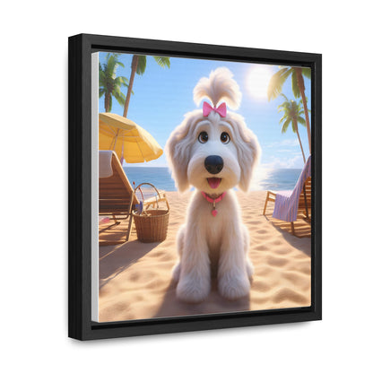 White Doodle Puppy Cartoon Inspired w/Pink Bow - Wooden Gallery Canvas - Square Frame - Nice!