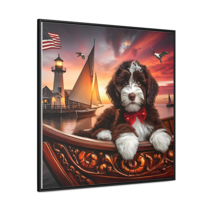 Chocolate Doodle on Sailboat at Sunset - Wooden Gallery Canvas Picture - Square Frame - Nice!