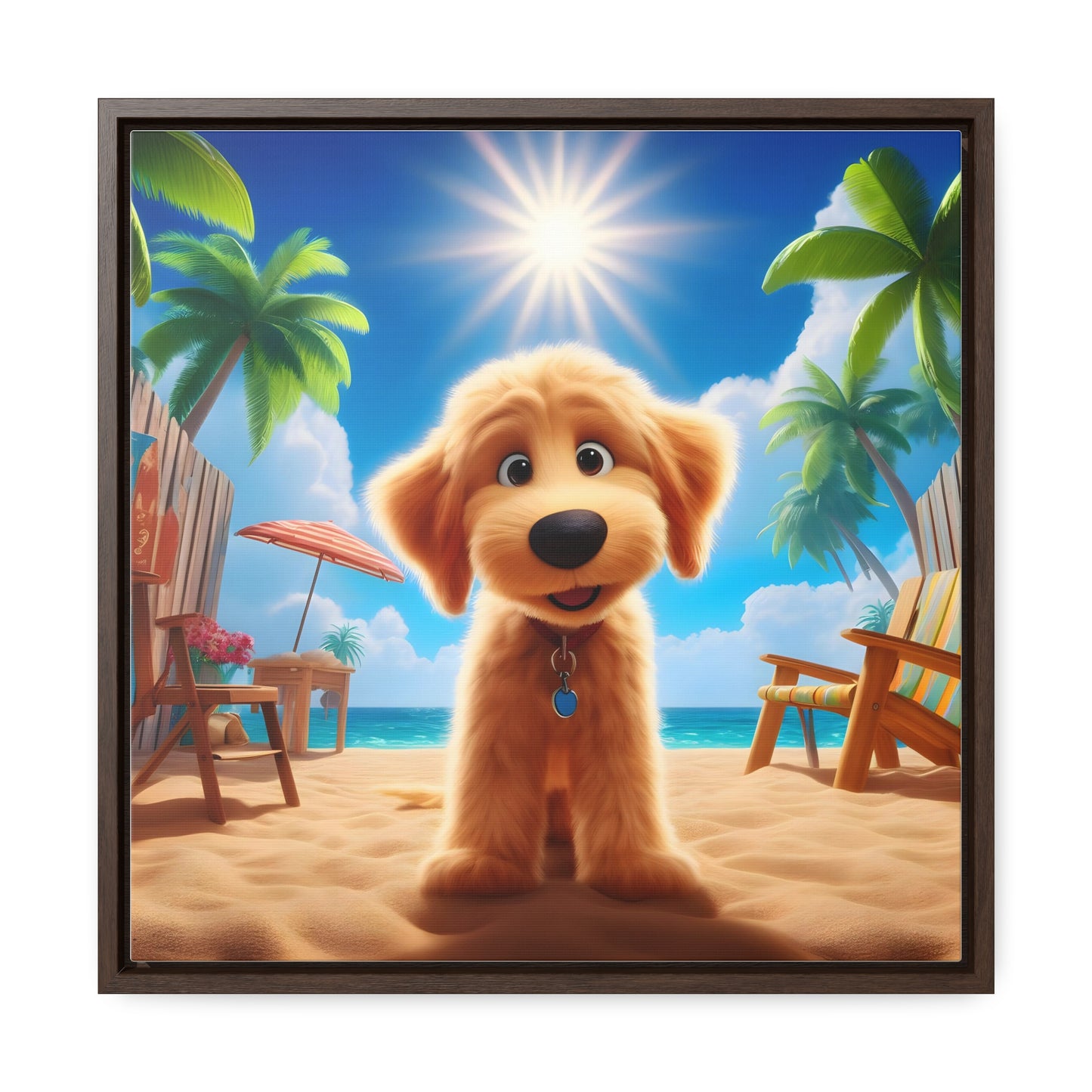 Doodle on Beach Cartoon Inspired - Wooden Gallery Canvas Picture - Square Frame - Nice!