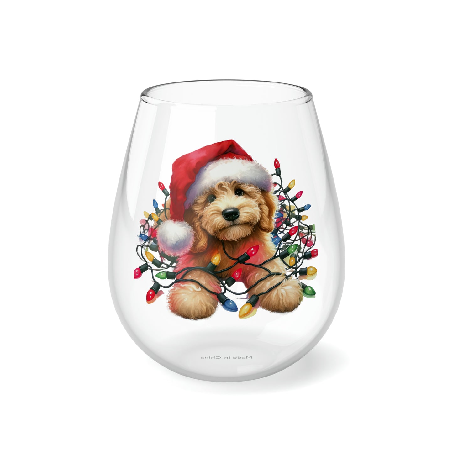 Christmas Doodle Puppy w/Lights Stemless Wine Glass, 11.75oz