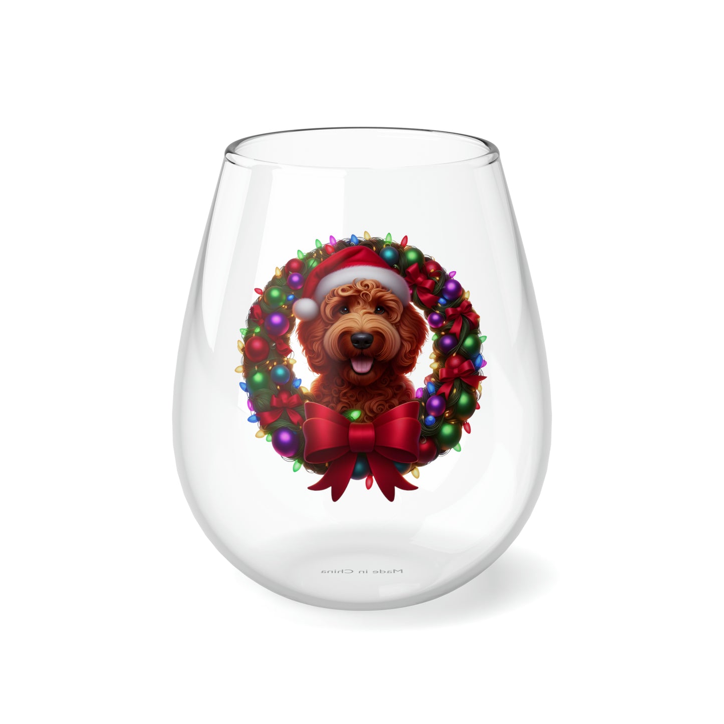 Red Doodle Christmas Wreath - Stemless Wine Glass, 11.75oz