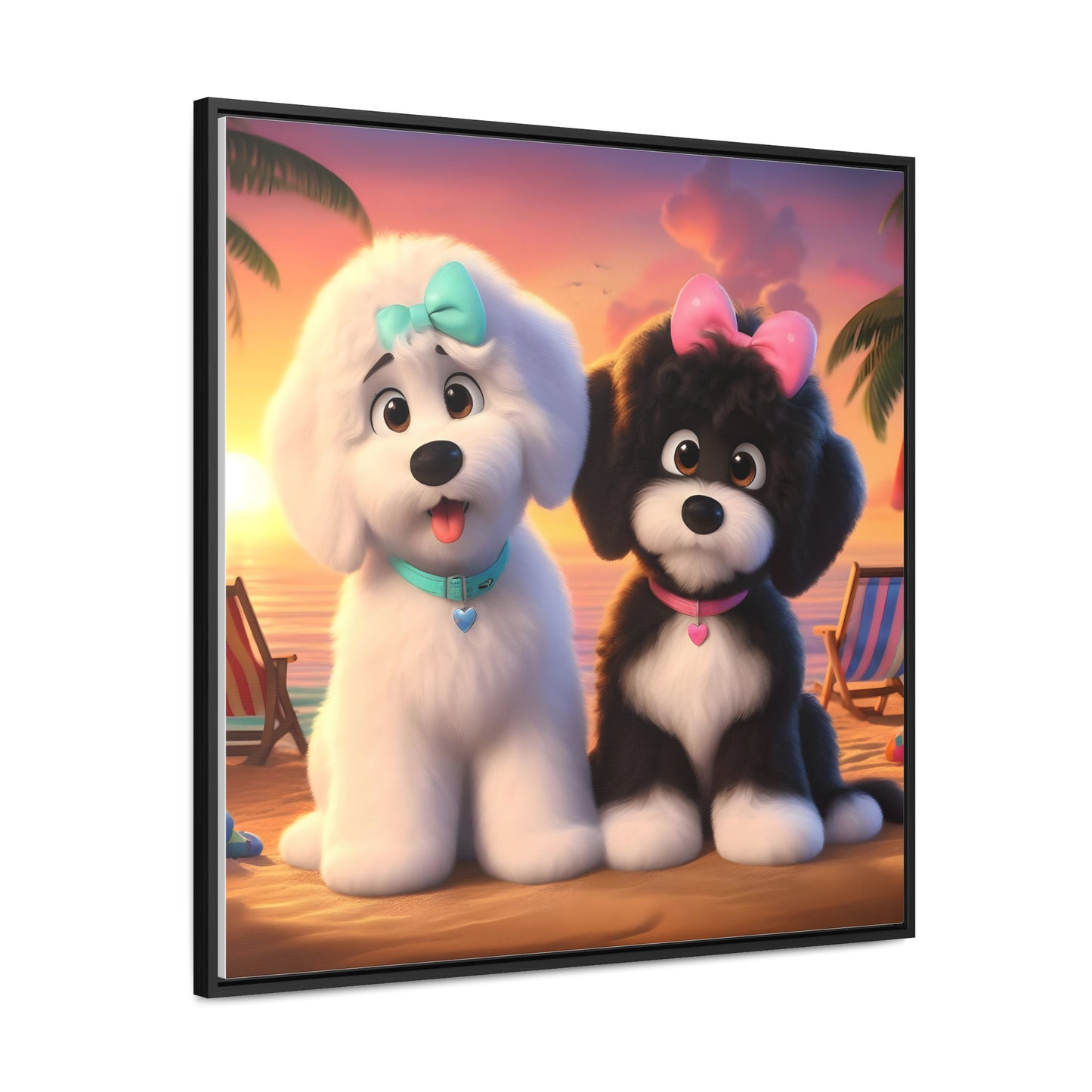 Doodle Puppies on Beach, Cartoon Inspired - Wooden Gallery Canvas Picture - Square Frame - Nice!