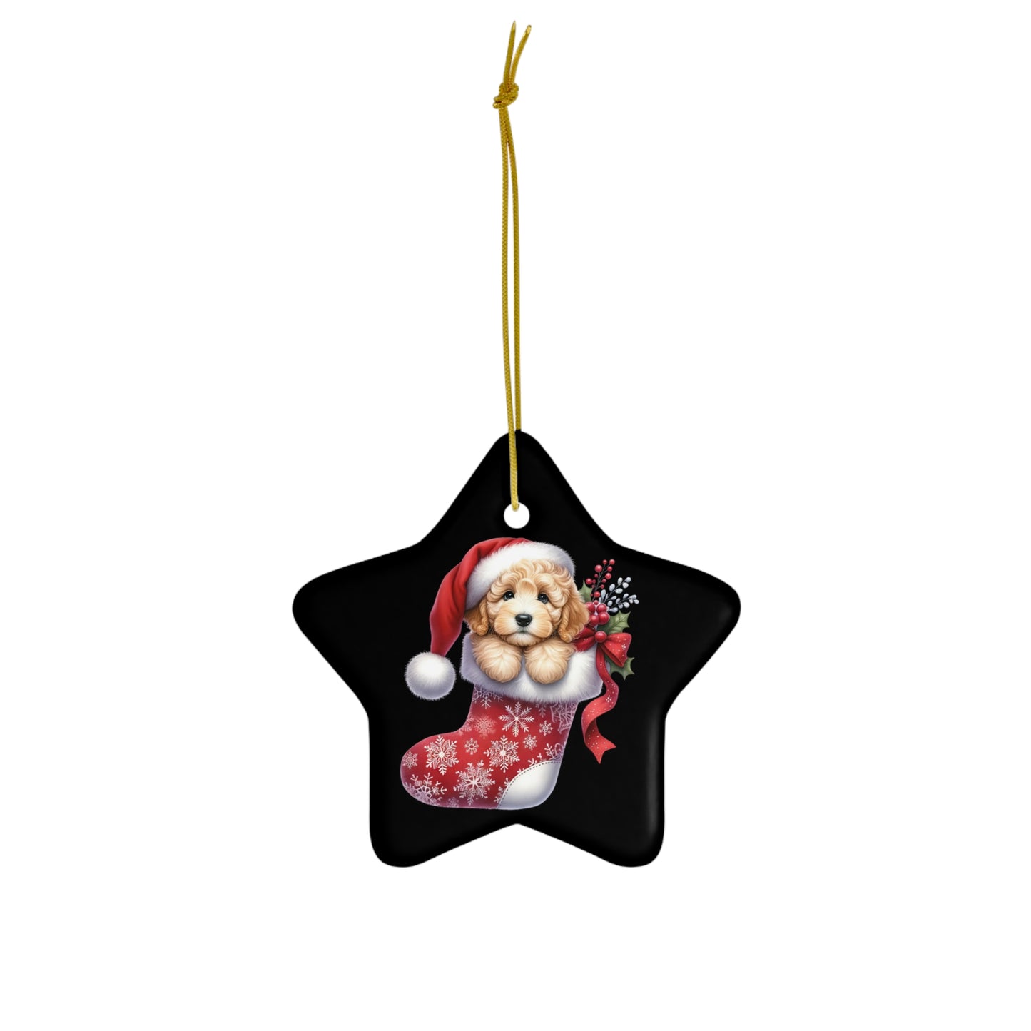 Christmas Doodle Puppy Stocking Ceramic Ornament, 3 Shapes