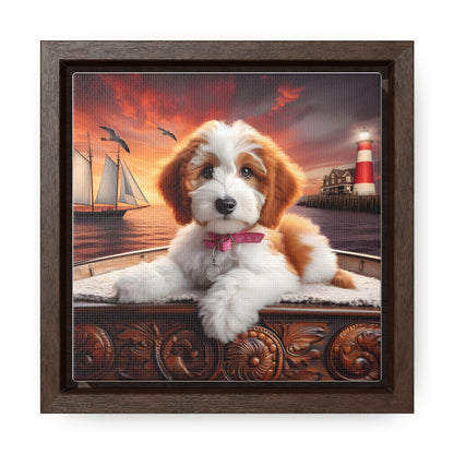 Red and White Doodle on Sailboat at Sunset - Wooden Gallery Canvas Picture - Square Frame - Nice!