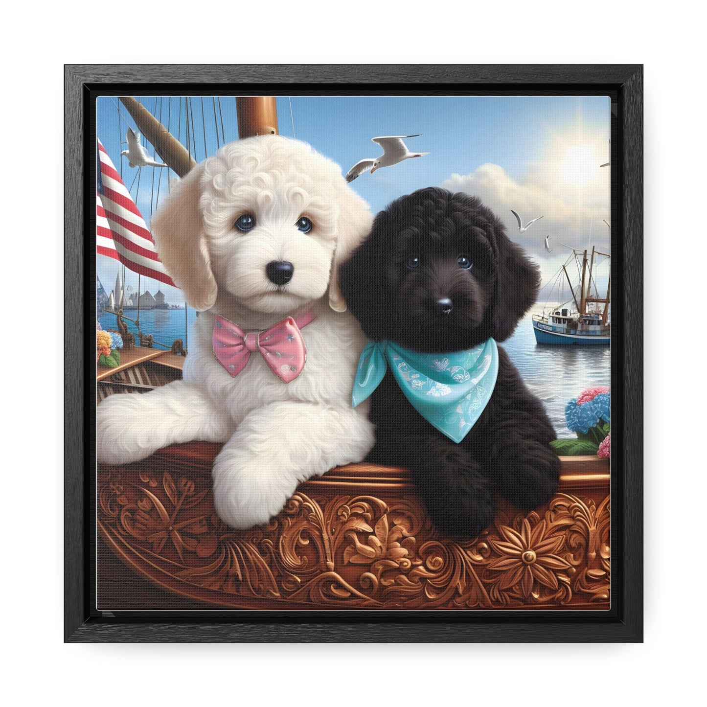 White and Black Doodle on Sailboat - Wooden Gallery Canvas Pictures - Square Frame - Nice!