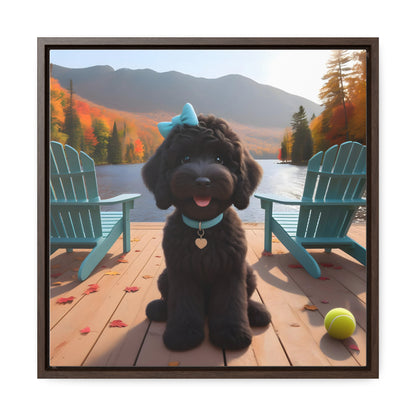 Black Doodle on Dock by Lake - Wooden Gallery Canvas Picture - Square Frame - Nice!