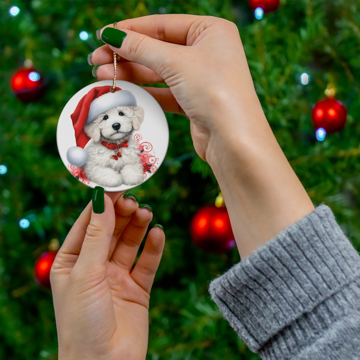 White Doodle Puppy Ceramic Ornament