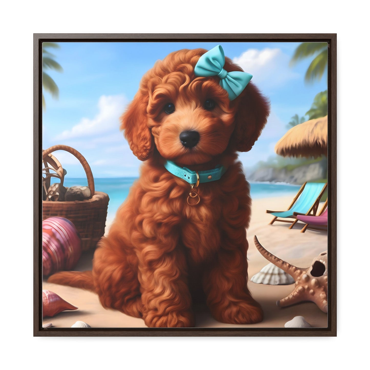 Red Doodle Puppy on Beach - Wooden Gallery Canvas Picture - Square Frame - Nice!