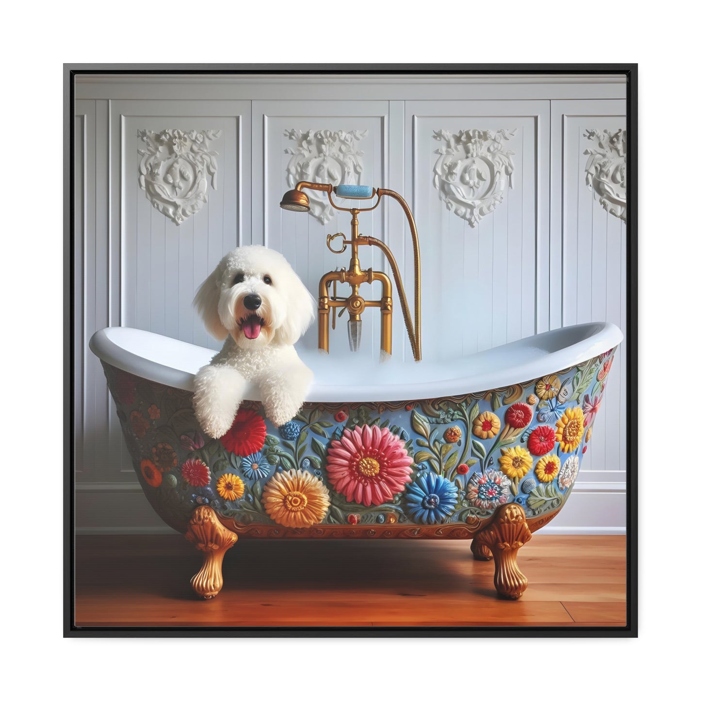 White Doodle Claw foot Tub Gallery Canvas Picture - Wooden Square Frame - Nice!