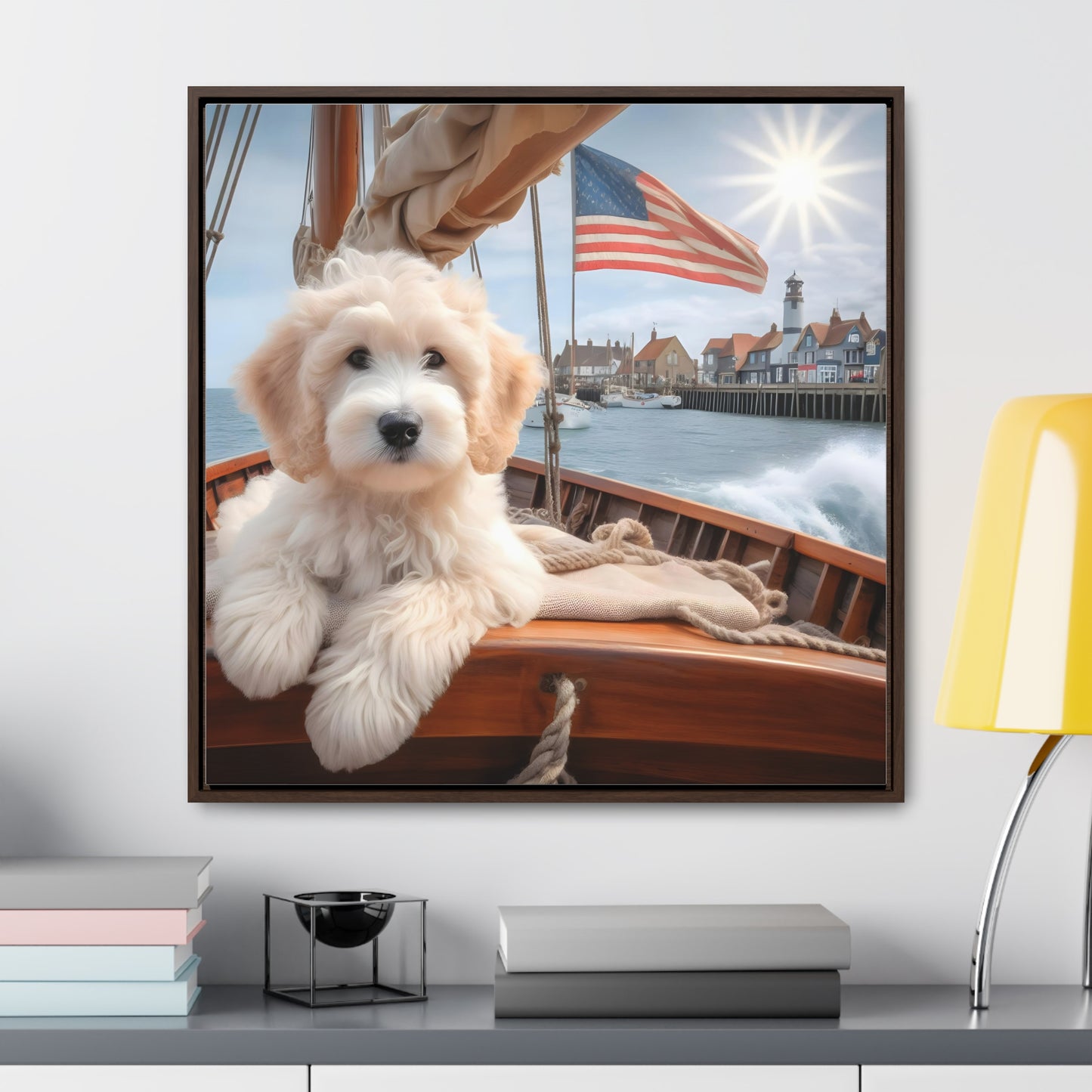 White Doodle on Sailboat - Wooden Gallery Canvas Picture - Square Frame - Nice!